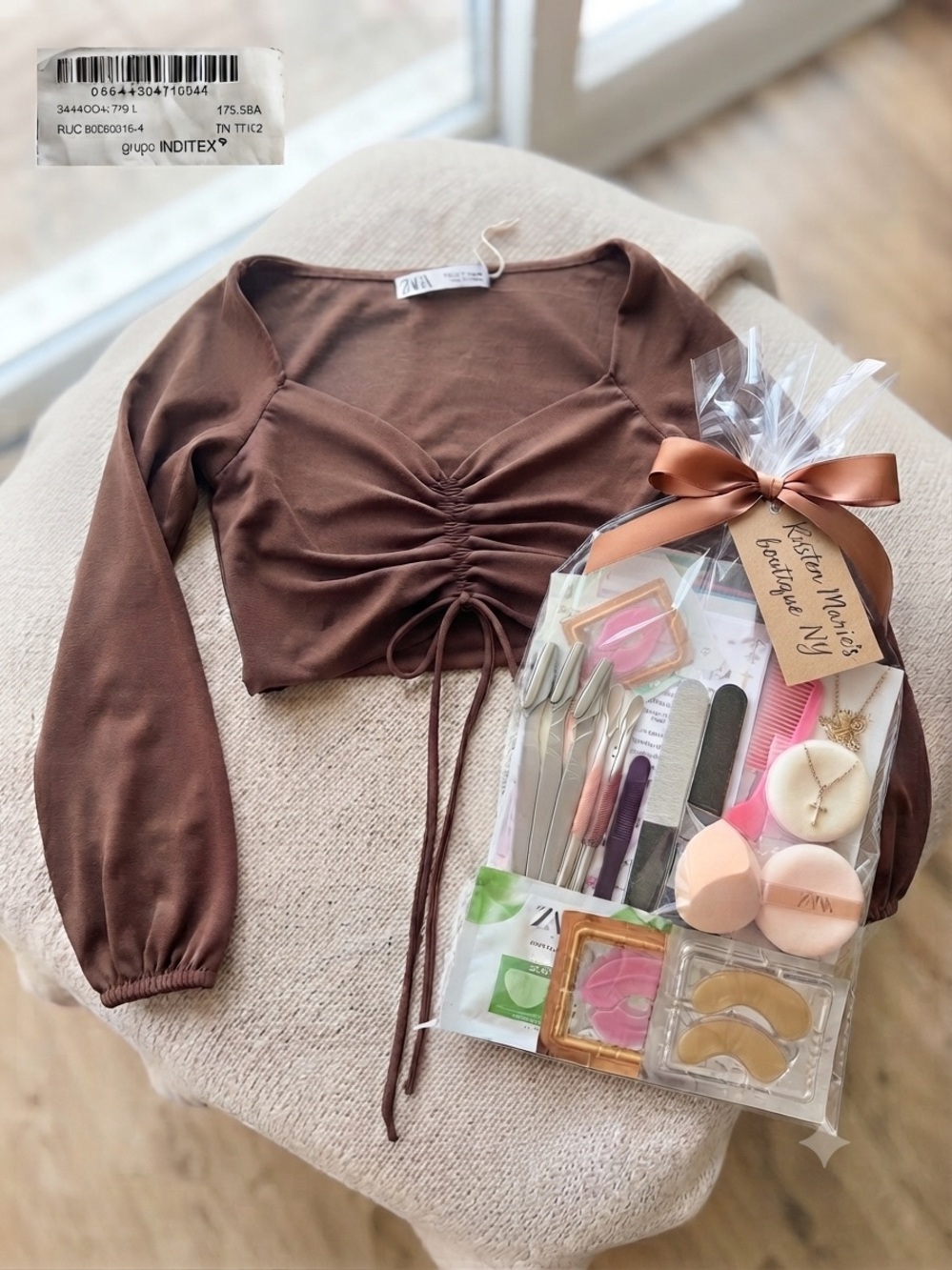 NWOT Zara Brown Ruched Long-Sleeve Crop Top & Free Beauty Gift Bag 🎁